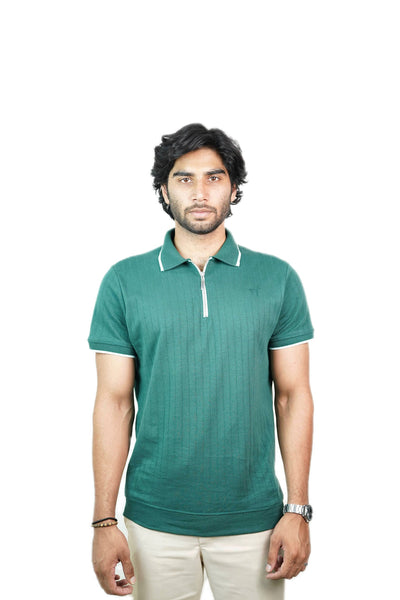 Ribbed - Knit Zipper Polo Shirt