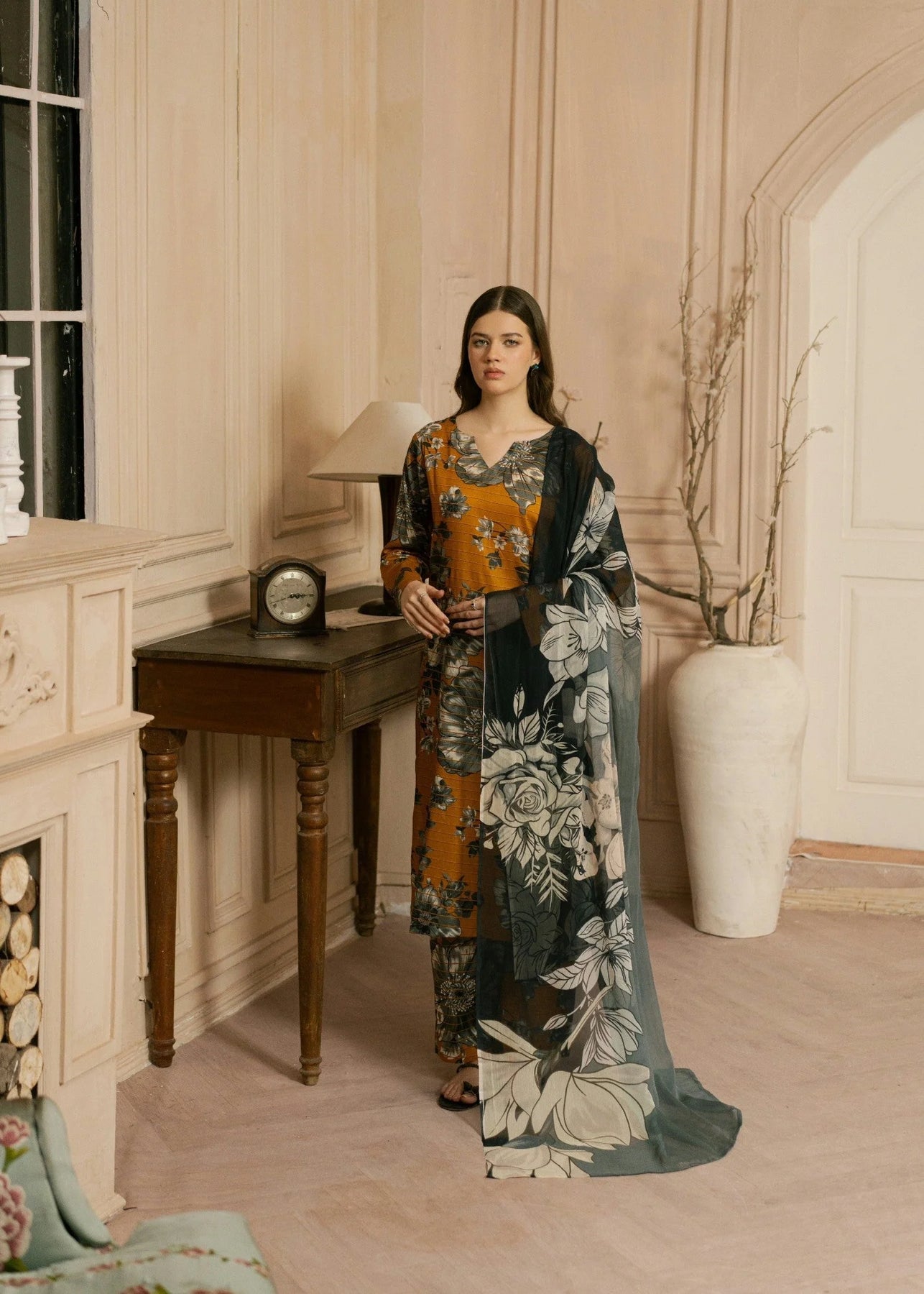 Floral Grace – Mustard & Black 3PC Lawn Ensemble