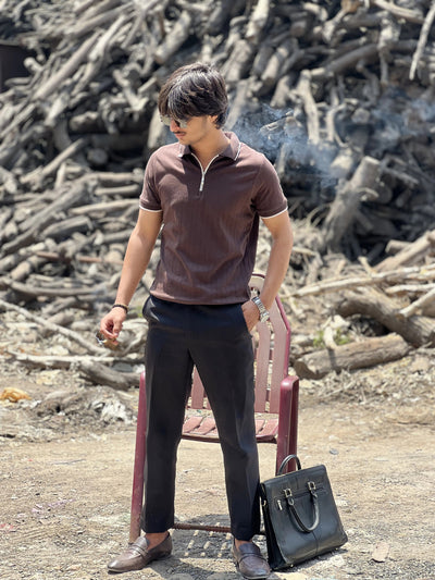 Ribbed - Knit Zipper Polo Shirt