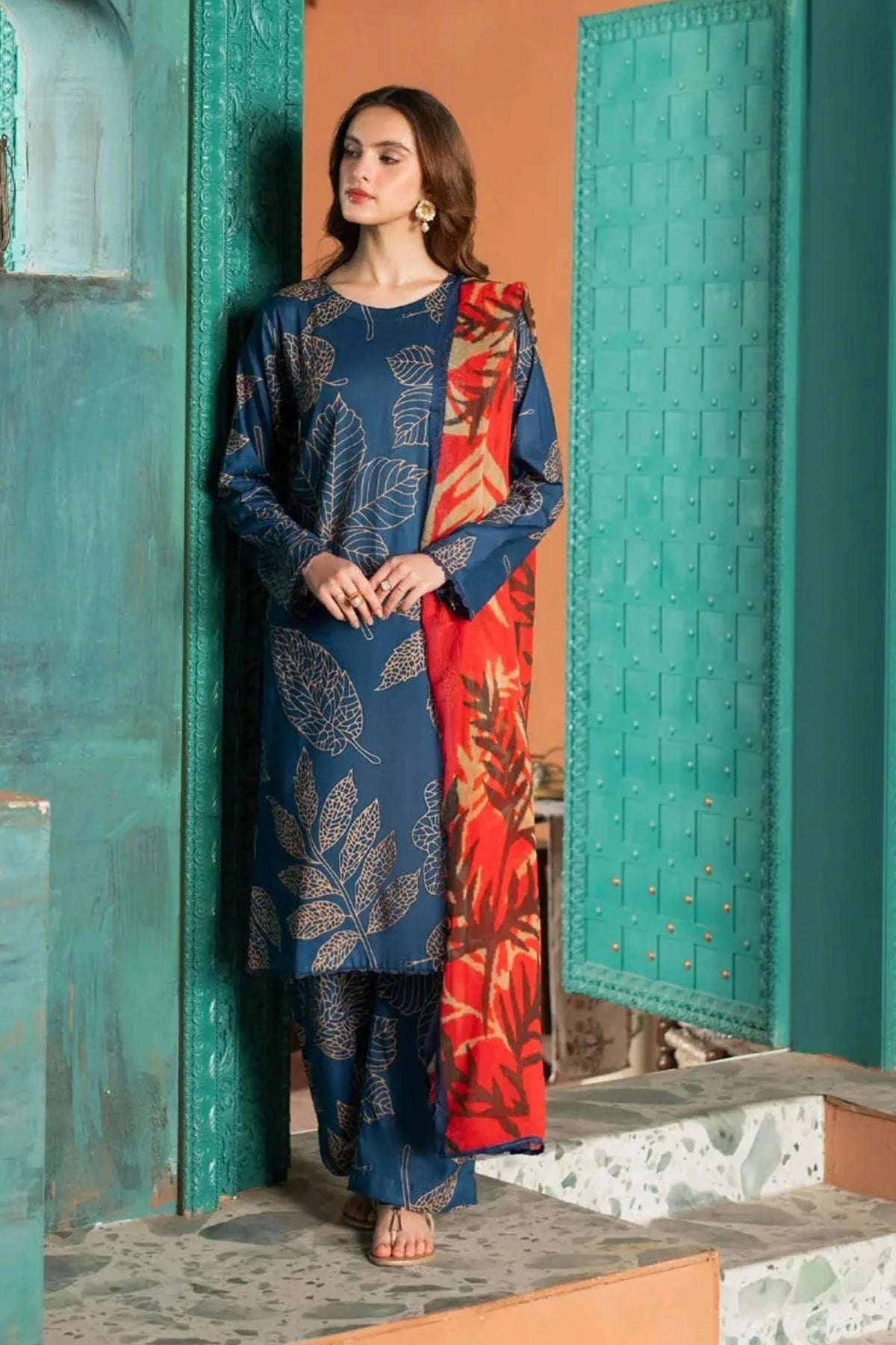 Blue Ember – Stylish 3-Piece Lawn Outfit with Vibrant Dupatta