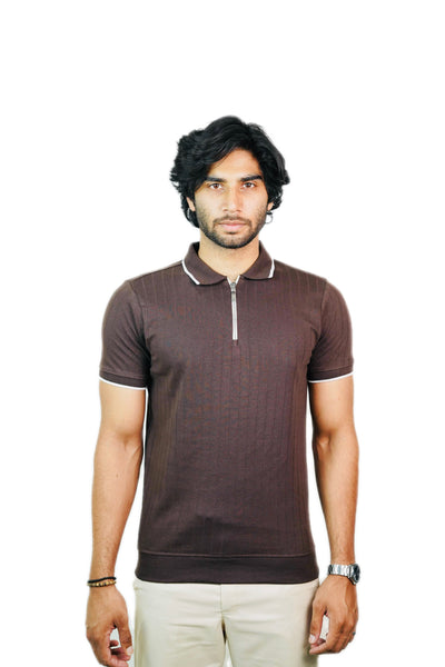 Ribbed - Knit Zipper Polo Shirt