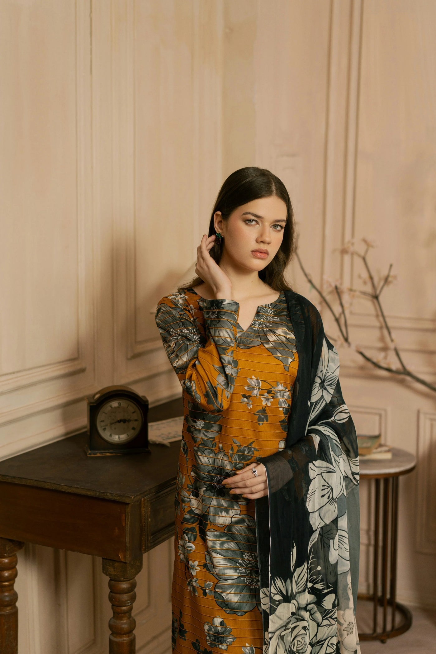 Floral Grace – Mustard & Black 3PC Lawn Ensemble