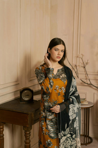 Floral Grace – Mustard & Black 3PC Lawn Ensemble