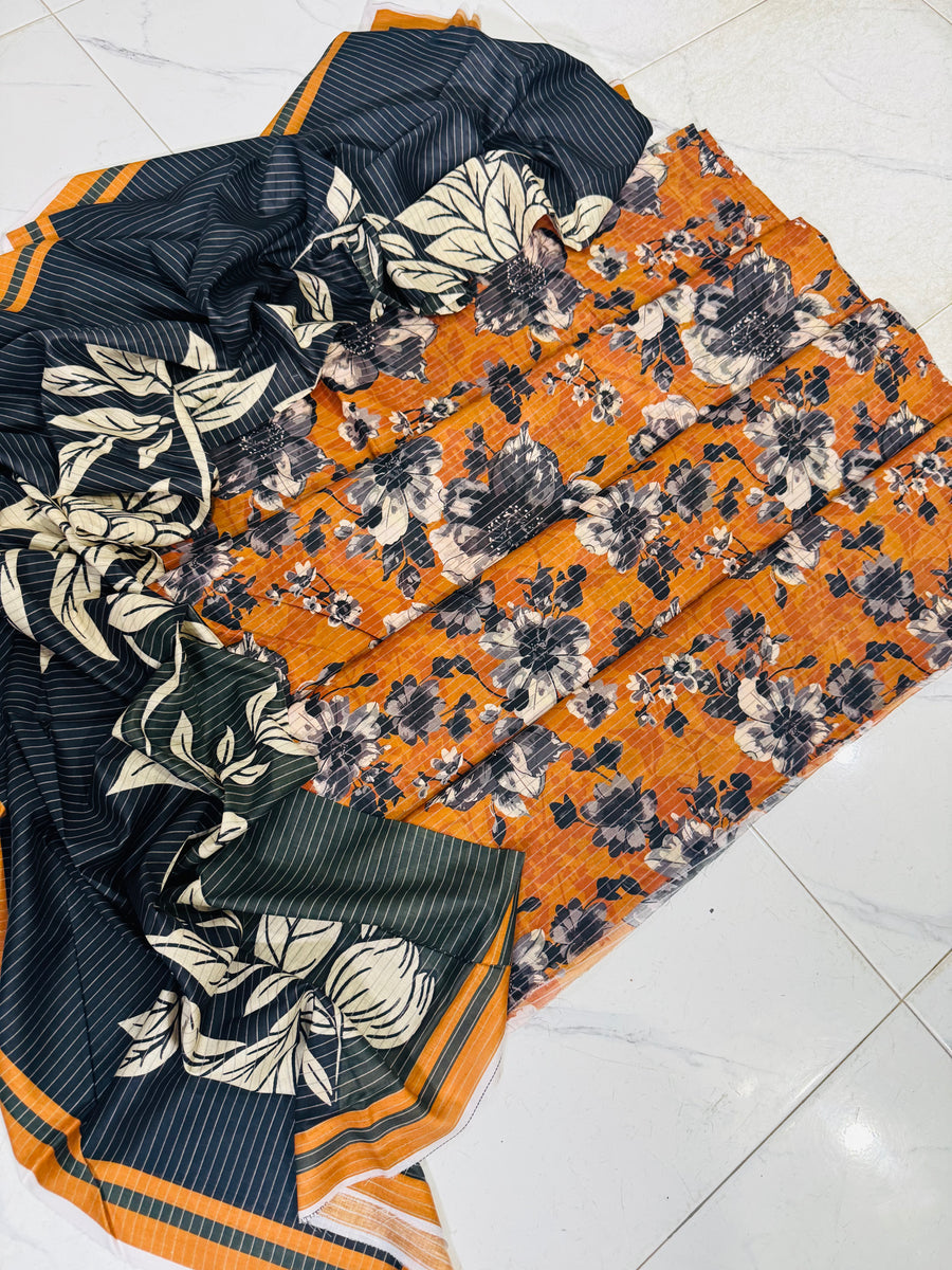 Floral Grace – Mustard & Black 3PC Lawn Ensemble