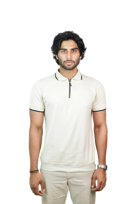 Ribbed - Knit Zipper Polo Shirt
