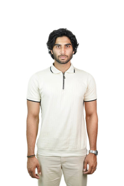 Ribbed - Knit Zipper Polo Shirt
